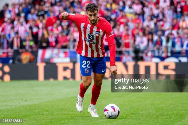 Mario Hermoso of Atletico Madrid is in action with the ball during the La Liga EA Sports 2023/24 football match between Atletico Madrid and CA...