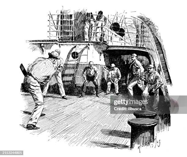 antique image: playing on ship - cricket team stock illustrations