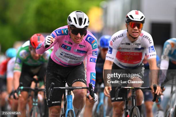 Sam Bennett of Ireland and Decathlon AG2R La Mondiale Team - Pink Leader Jersey celebrates at finish line as stage winner during the 68th 4 Jours de...