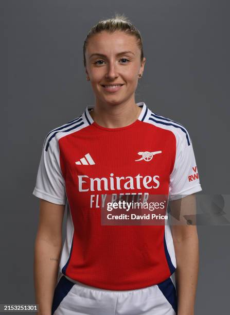 Leah Williamson of Arsenal in the 2024-25 Arsenal Kit at The Sobha Realty Training Centre at London Colney on May 16, 2024 in St Albans, England.