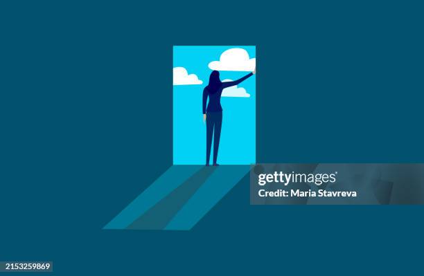 ilustraciones, imágenes clip art, dibujos animados e iconos de stock de ventana de oportunidad en la carrera empresarial para la mujer, concepto vectorial. - oportunidad