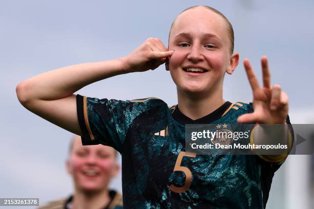 Luzie Zahringer of Germany celebrates scoring her teams third goal of the game during the international friendly match between Belgium Women U16 and...