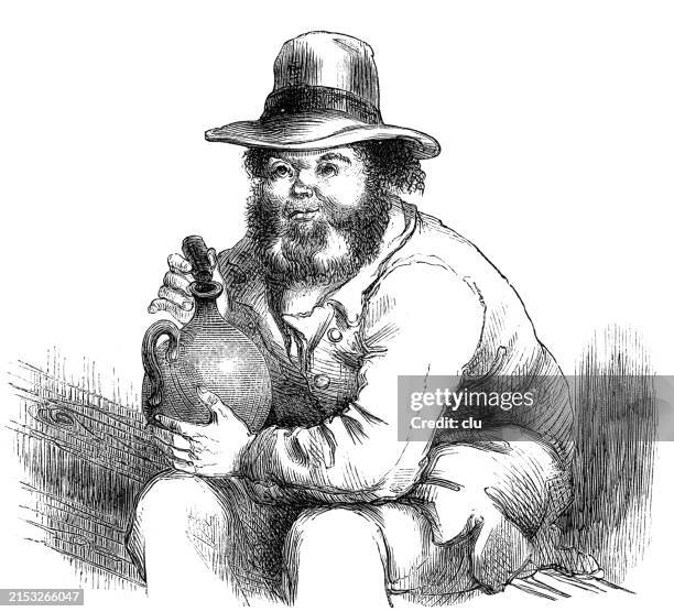 old apple-jack, overweight man with hat and beard sitting on a bench, holding a bottle - whisky stock illustrations