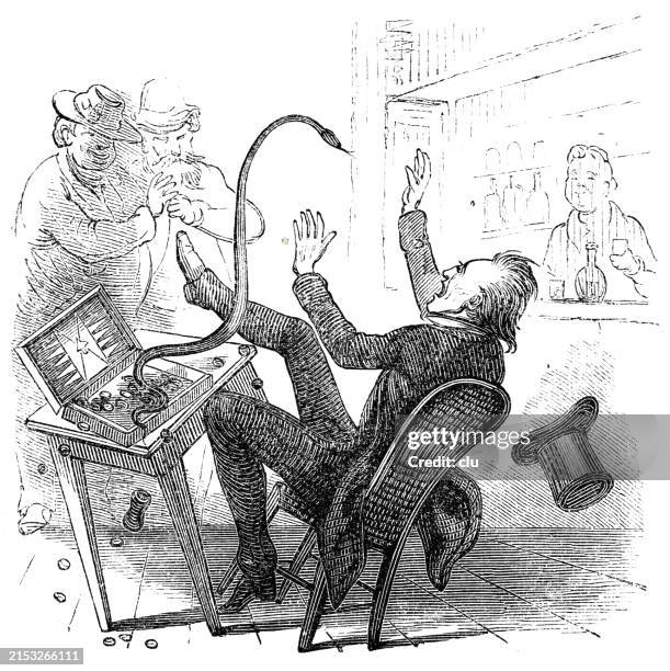 gammoned, man sitting on chair, a snake jumps on him, he falls back - falling off chair cartoon stock illustrations