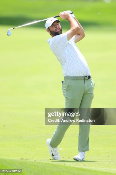 Scottie Scheffler of the United States plays a second shot to make an eagle on the first hole during the first round of the 2024 PGA Championship at...