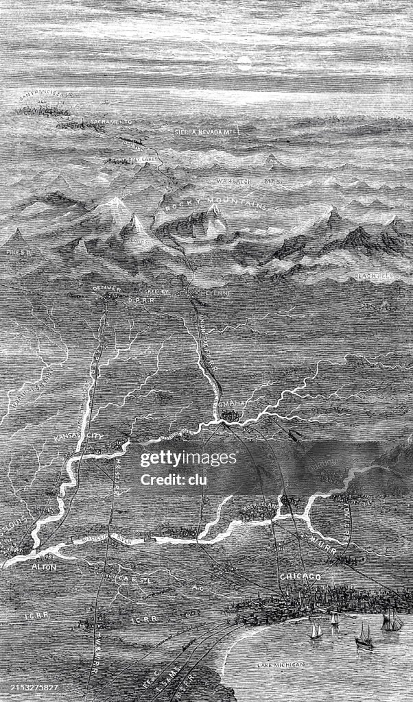 Aerial view of the Pacific Railroad, from Chicago to San Francisco