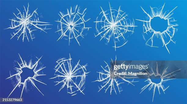 ilustrações de stock, clip art, desenhos animados e ícones de realistic broken glass set, detailed vector illustrations on blue background - vidro partido