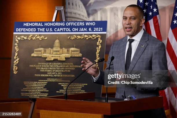 House Minority Leader Hakeem Jeffries talks to reporters during his weekly news conference at the U.S. Capitol Visitors Center on May 16, 2024 in...