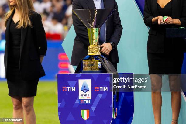 General view of the Serie A TIM trophy is being shown during the award ceremony for the winners during the Serie A football match between FC...