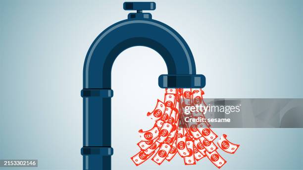 ilustraciones, imágenes clip art, dibujos animados e iconos de stock de la liberación de agua, la flexibilización monetaria cuantitativa, la economía y la moneda, las ganancias de los negocios, una gran pila de dinero que sale de un grifo abierto - blanqueo de dinero