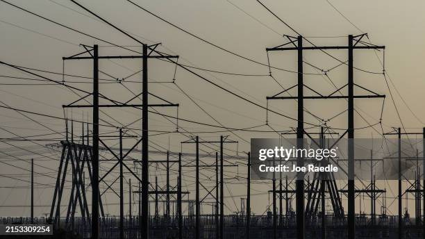 High voltage power lines run along the electrical power grid on May 16 in Pembroke Pines, Florida. The grid is strained by increasing demand from...