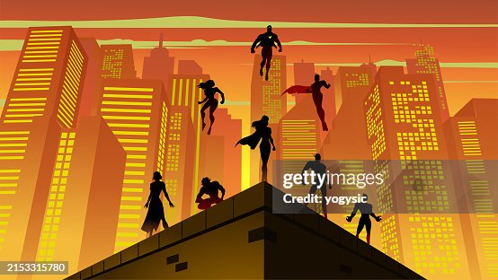 Superhero Brooding Rooftop Vector Superhero Silhouettes On A Rooftop With City Building Stock ...
