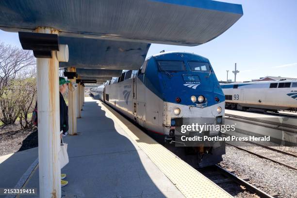 Northbound Amtrak Downeaster train pulls up to the station at the Portland Transportation Center on Thursday, April 18, 2024. A public presentation...