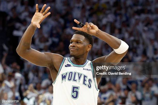 Anthony Edwards of the Minnesota Timberwolves celebrates against the Denver Nuggets during the fourth quarter in Game Six of the Western Conference...