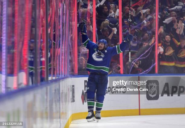 Miller of the Vancouver Canucks celebrates the game-winning goal Edmonton Oilers during the third period in Game Five of the Second Round of the 2024...