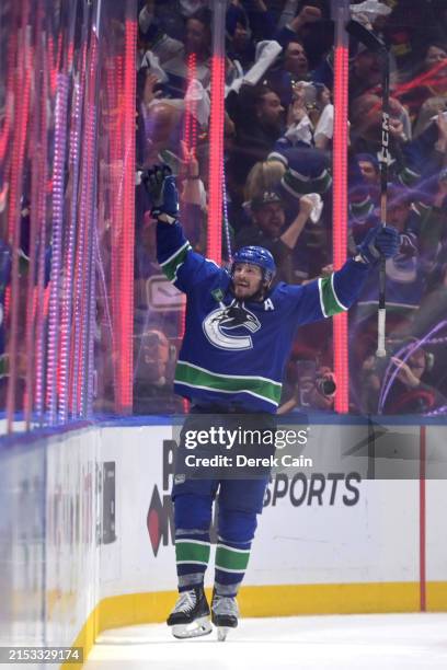 Miller of the Vancouver Canucks celebrates scoring the game-winning goal against the Edmonton Oilers during the third period in Game Five of the...