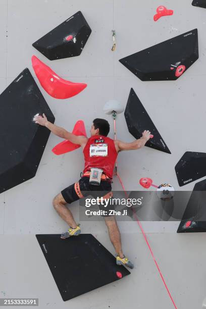Sascha Lehmann of Switzerland competes in the Men's Sport Climbing Boulder & Lead Qualification on day two of 2024 Olympic Qualifier Series Shanghai...