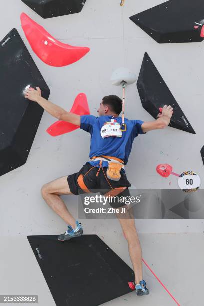 Paul Jenft of France competes in the Men's Sport Climbing Boulder & Lead Qualification on day two of 2024 Olympic Qualifier Series Shanghai on May...