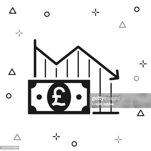 declining graph with pound banknote. icon on white background - pound notes falling stock illustrations
