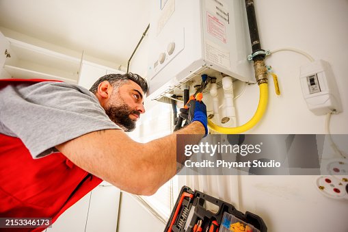 One man repair gas boiler with wrenches, Gas Heating Boiler Service At Home One man repair gas boiler with wrenches, Gas Heating Boiler Service At Home