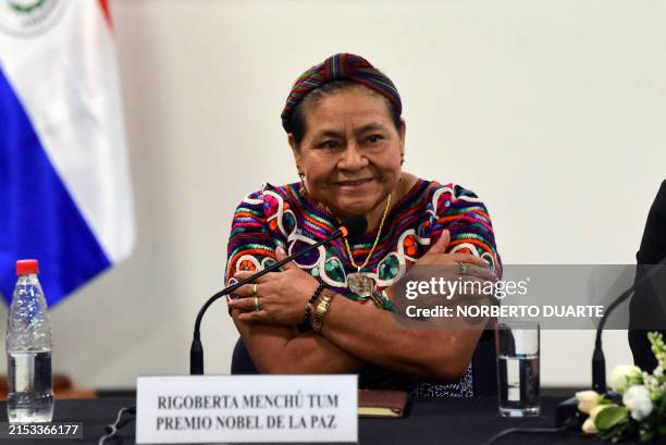 Guatemalan Nobel Peace Prize Laureate Rigoberta Menchu gestures during the XIX Meeting of Authorities on Indigenous Peoples of Mercosur in Asuncion...