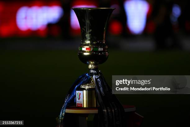 The trophy is seen prior to the Italy cup final match between Atalanta BC and Juventus FC at Olimpico stadium. Rome , May 15th, 2024.