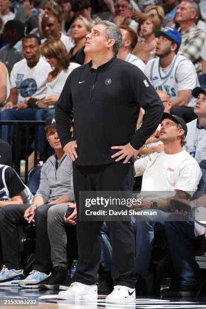 Assistant Coach Micah Nori of the Minnesota Timberwolves looks on during the game against the Denver Nuggets during Round Two Game Four of the 2024...