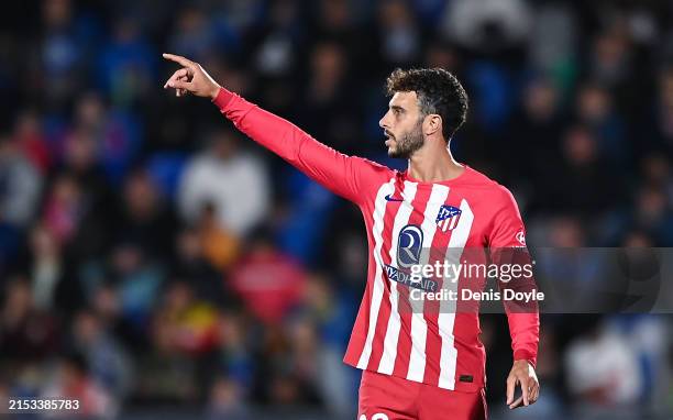 Mario Hermoso of Atletico Madrid reacts during the LaLiga EA Sports match between Getafe CF and Atletico Madrid at Coliseum Alfonso Perez on May 15,...