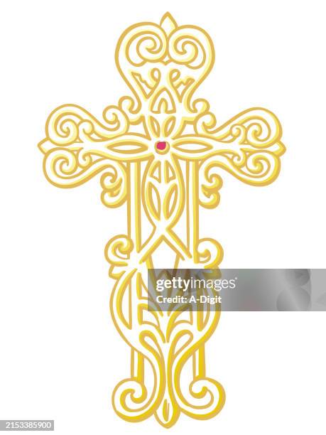 orthodox cross religious symbol sketch gold - ruby stock illustrations