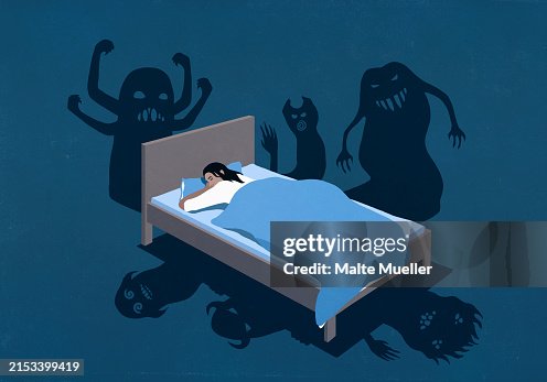 Spooky shadows of monsters surrounding woman sleeping in bed at night Spooky shadows of monsters surrounding woman sleeping in bed at night