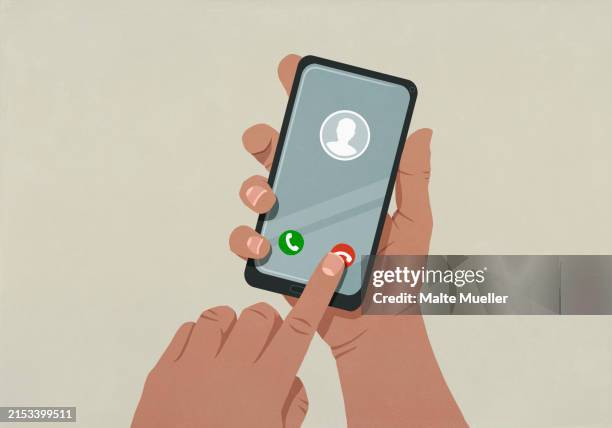 pov person looking down at smart phone screen and declining incoming phone call - smart phone illustration stock illustrations