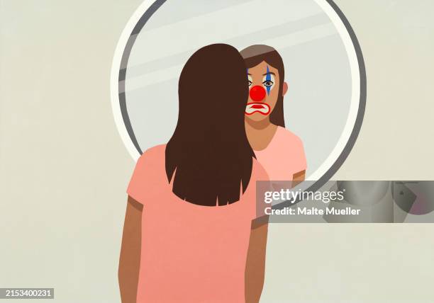 stockillustraties, clipart, cartoons en iconen met woman looking at clown reflection in mirror - negatieve eigenwaarde