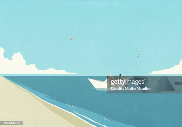 man floating in paper boat on blue ocean, embarking on journey - leaving stock illustrations