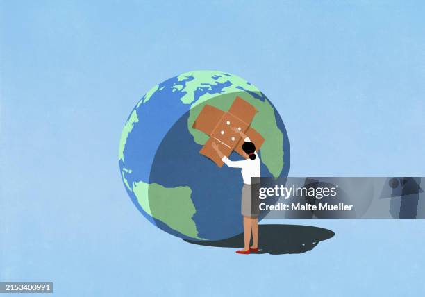 illustrations, cliparts, dessins animés et icônes de woman placing bandage on large globe against blue background - action climatique