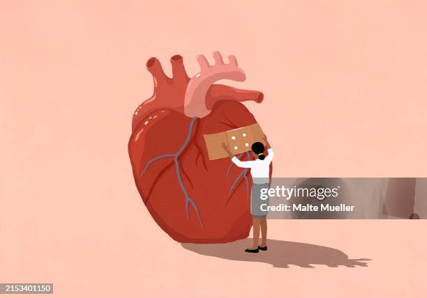 woman bandage over large heart on pink background - anatomie stock-grafiken, -clipart, -cartoons und -symbole