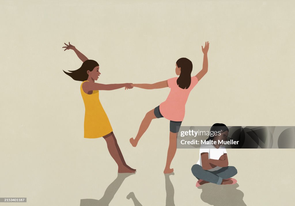 Frustrated girl sitting below friends having fun and dancing on beige background