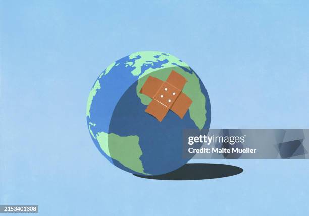 illustrations, cliparts, dessins animés et icônes de large bandage over globe on blue background - action climatique