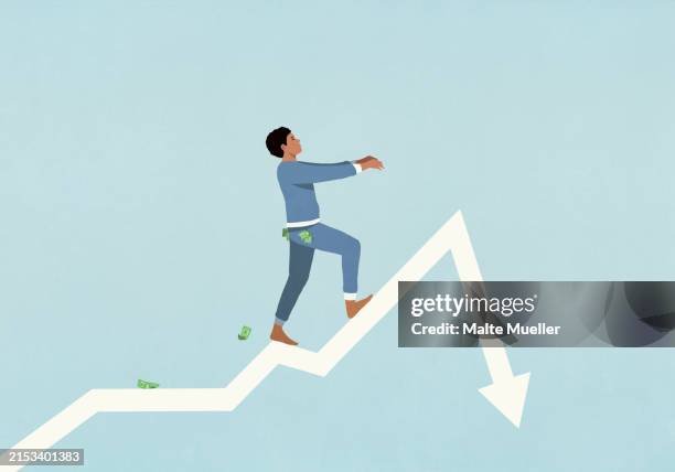 money falling from pockets of man sleepwalking on dropping arrow - adversity stock illustrations