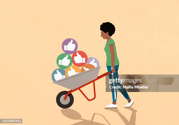 woman pushing wheelbarrow of social media thumbs-up likes - collect icon stock illustrations