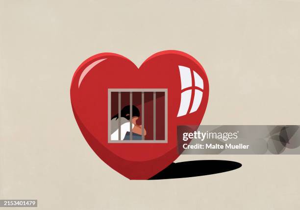 illustrazioni stock, clip art, cartoni animati e icone di tendenza di sad woman sitting behind bars in prison of heart - cuore spezzato