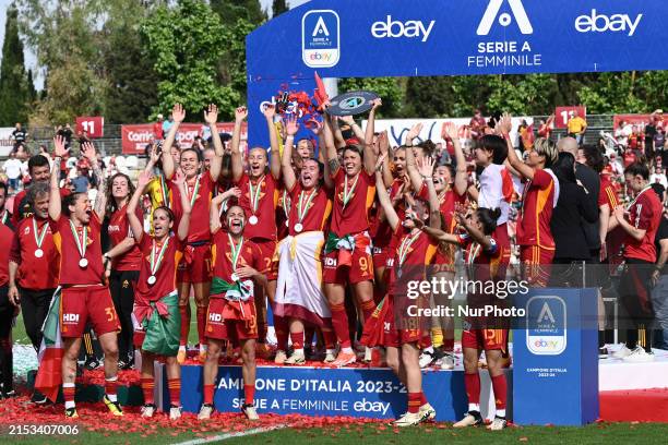Roma Women are celebrating their Championship victory during Day 28 of the Women Serie A Playoffs between A.S. Roma Women and A.C.F. Fiorentina in...