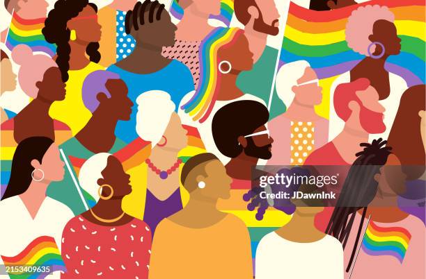 illustrations, cliparts, dessins animés et icônes de une grande foule de personnes diverses célébrant le mois de juin en brandissant des drapeaux de la fierté - mois des fiertés lgbtqia