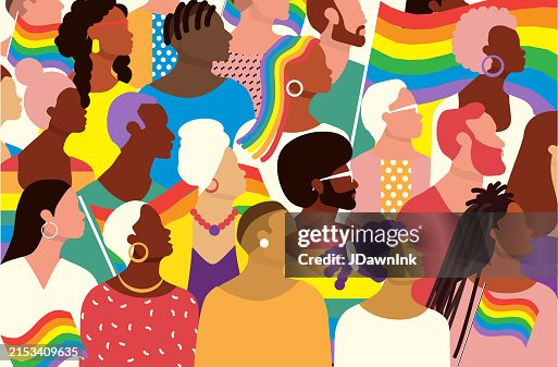 Vibrant and colorful Large crowd of diverse people celebrating Pride Month June waving pride flags Vibrant and colorful Large crowd of diverse people celebrating Pride Month June waving pride flags