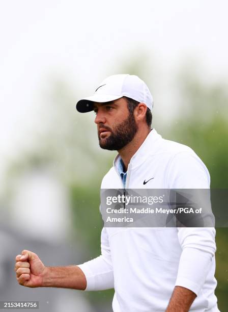 Scottie Scheffler of the United States reacts on the 12th green during the second round of the 2024 PGA Championship at Valhalla Golf Club on May 17,...