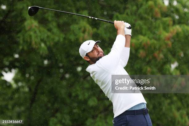 Scottie Scheffler of the United States plays his shot from the 18th tee during the second round of the 2024 PGA Championship at Valhalla Golf Club on...