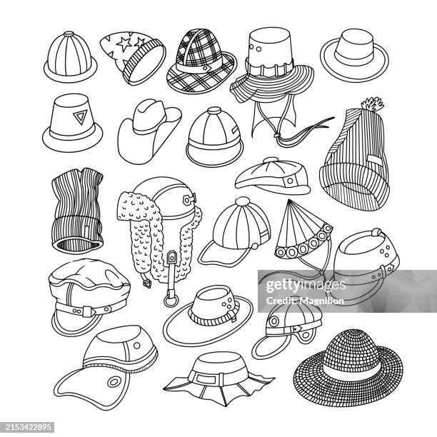 hat collection doodles, black and white headwear illustrations - aviation hat stock illustrations