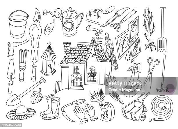 doodle of gardening tools and house - cartoon fork stock illustrations