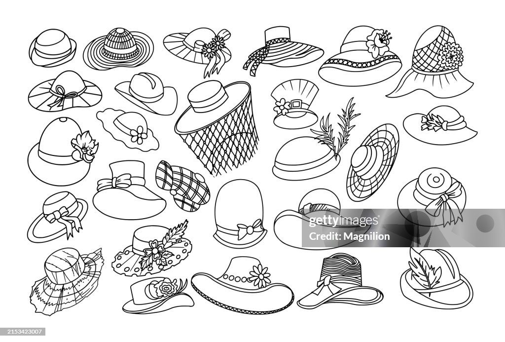 Doodle of Various Hats, Black and White Vector Illustration