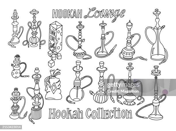 doodle of various hookahs, black and white vector illustration - hookah charcoal stock illustrations