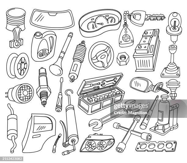 ilustraciones, imágenes clip art, dibujos animados e iconos de stock de garabatos automotrices, ilustración vectorial en blanco y negro de piezas y herramientas de automóviles - mechanical drawing car